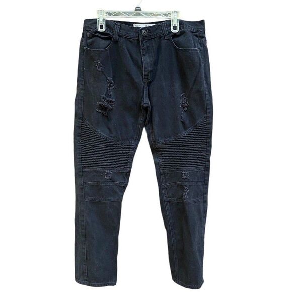 Bleecker & Mercer Black distressed moto grunge Slim Taper Fit  jeans Sz 38 x 31 - Picture 5 of 10